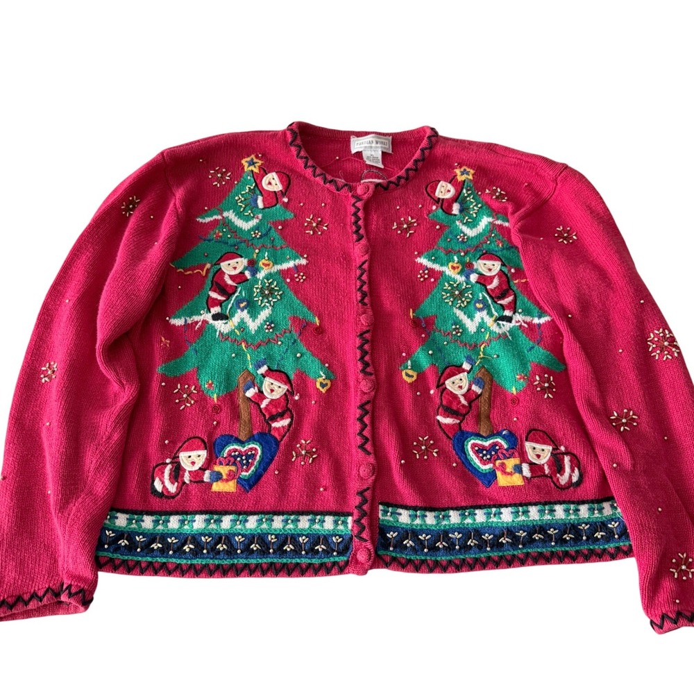 Parisian Works Cardigan Sweater Womens XL Vintage Christmas Tree Beaded Knit